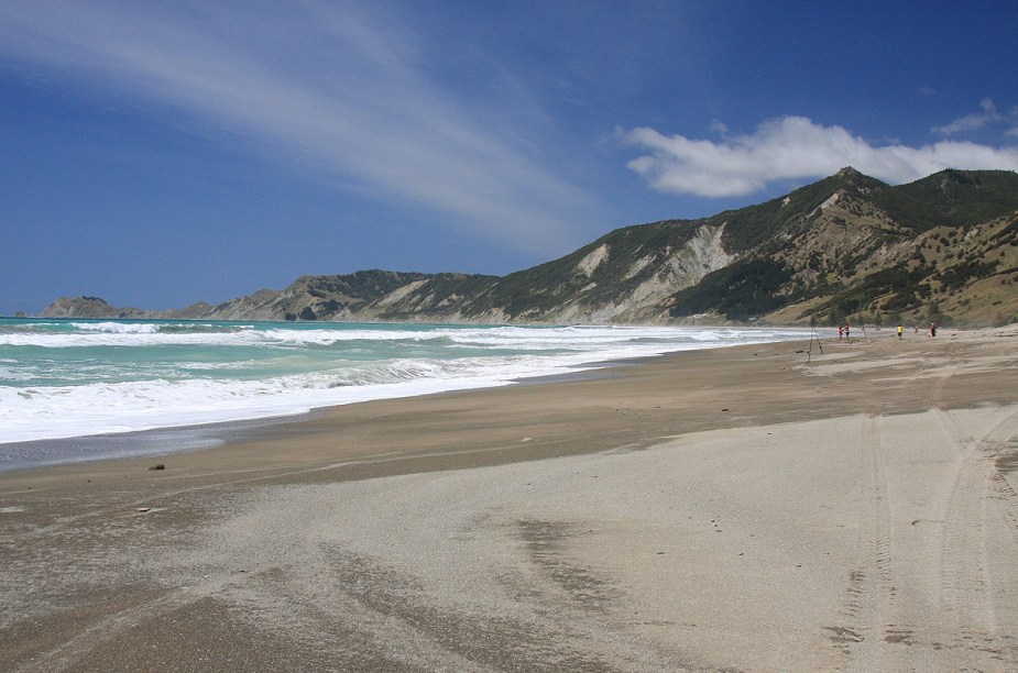 O mar esverdeado da baía Tokomaru forma um belo contraste com a areia escura