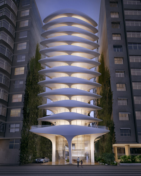 Em formato de espinha dorsal, o prédio de apartamentos projetado por Zaha na Avenida Atlântica deverá ter 12 andares e 40 metros de altura Em formato de espinha dorsal, o prédio de apartamentos projetado por Zaha na Avenida Atlântica deverá ter 12 andares e 40 metros de altura