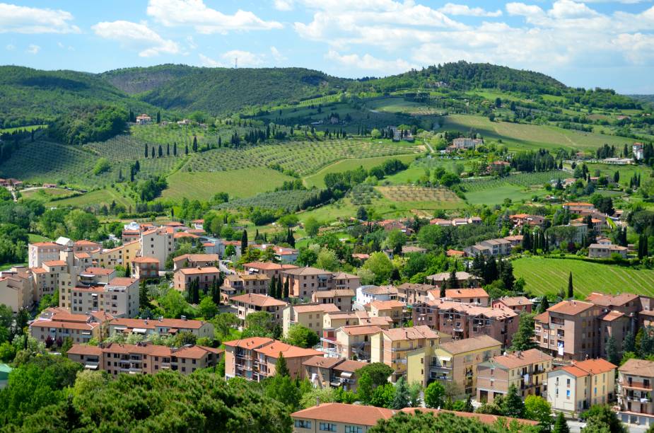 Vista da região vinícola de San Gimignano; das torres que foram construídas, hoje só resta cerca de um quinto das mais de setenta que chegaram a ser levantadas por famílias rivais –, de onde se pode contemplar as belezas toscanas