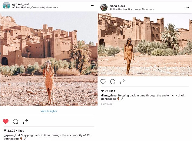 Um clique no Marrocos, com uma pequena variação de trajes. Lauren contou para o Daily Mail que não faz propaganda do que veste, e por isso, o trabalho para conseguir as mesmas peças de roupas e acessórios é duro