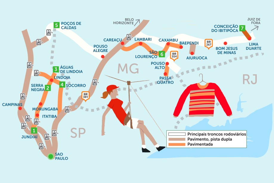 Os relaxantes balneários hidrominerais paulistas e mineiros continuam ganhando fãs – assim como as cidades repletas de cascatas da região. Clique na seta à direita do mapa para ver o roteiro de 18 dias pelas estâncias do interior de São Paulo e Minas Gerais.