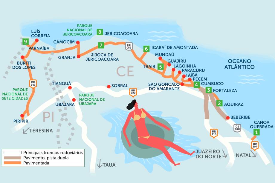 <span>O sol, o mar, as dunas: os cenários idílicos dessa costa são o refúgio de paz com que todo mundo sonha, mas com opções para quem curte forró, bugues e esportes aquáticos. Clique na seta à direita do mapa acima para conferir um roteiro de 21 dias por cidades do litoral cearense e piauiense.</span>