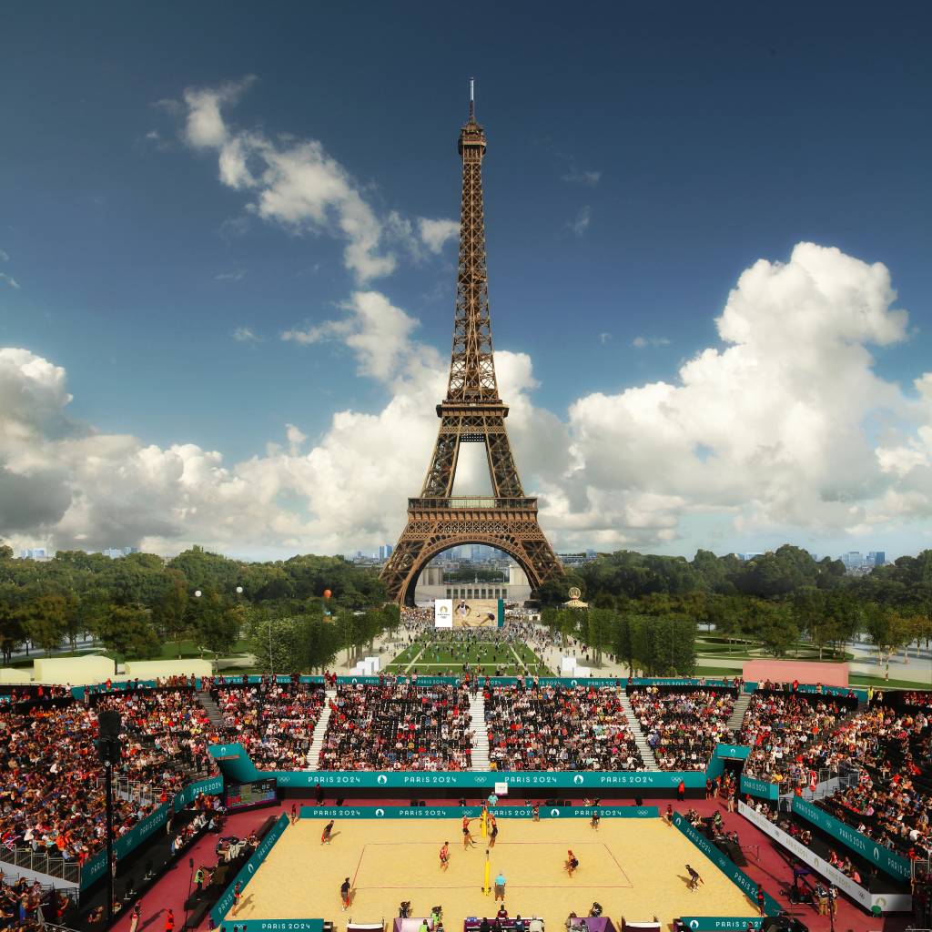 Vôlei de praia aos pés da Torre Eiffel nos Jogos Olímpicos de Paris em 2024