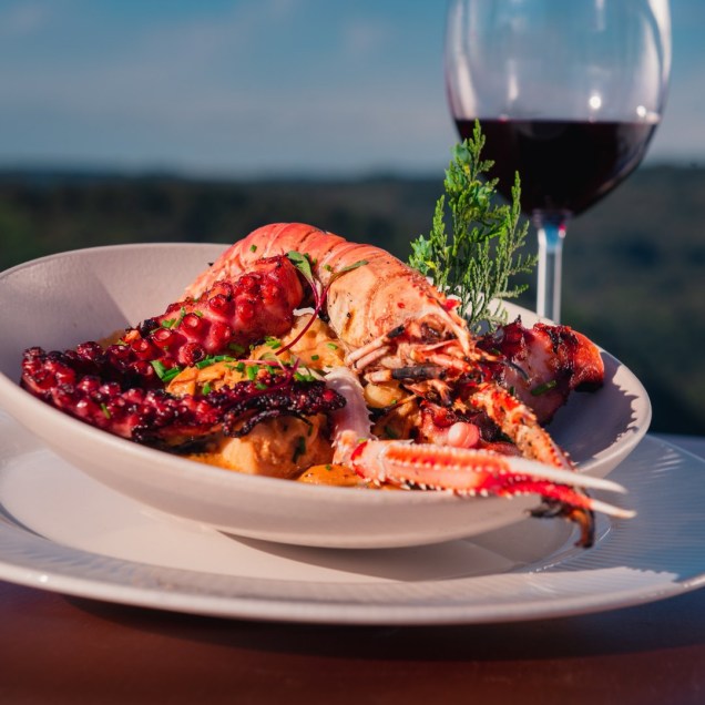 O cardápio assinado pelo Chef Policarpo inclui risotos, massas, pratos elaborados com frutos do mar e carnes nobres.