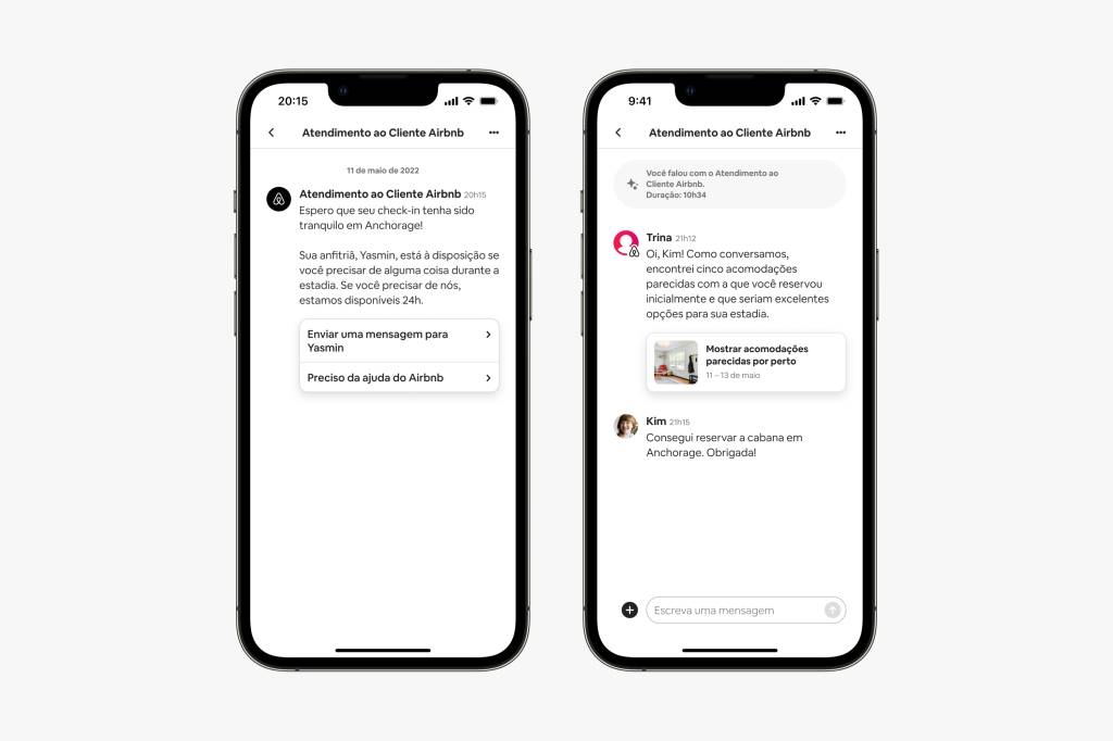 Airbnb AirCover – Rebooking and Welcome Message – BR A imagem ilustra dois celulares onde, nas telas, é possível ver uma conversa entre uma hóspede e uma atendente do Airbnb. Por causa de algum problema na reserva, a atendente está sugerindo novas acomodações para a cliente da plataforma