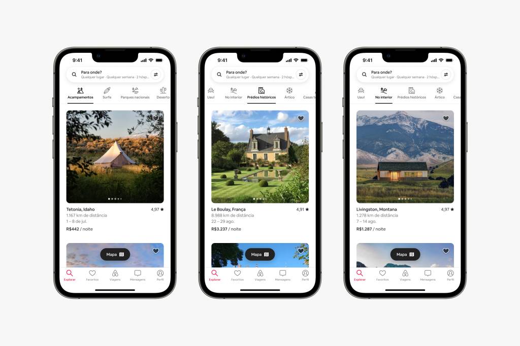 Airbnb Categories – Camping and Historical Homes and Countryside – BR A imagem ilustra três celulares onde, nas telas, é possível ver diferentes acomodações separadas de acordo com suas categorias.