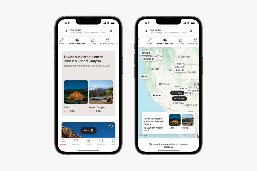 Airbnb Split Stays – National Parks – BR A imagem ilustra dois celulares em que, nas telas, vê-se uma sugestão de duas estadias em parque nacionais americanos e um mapa que mostra a localização desses parques.