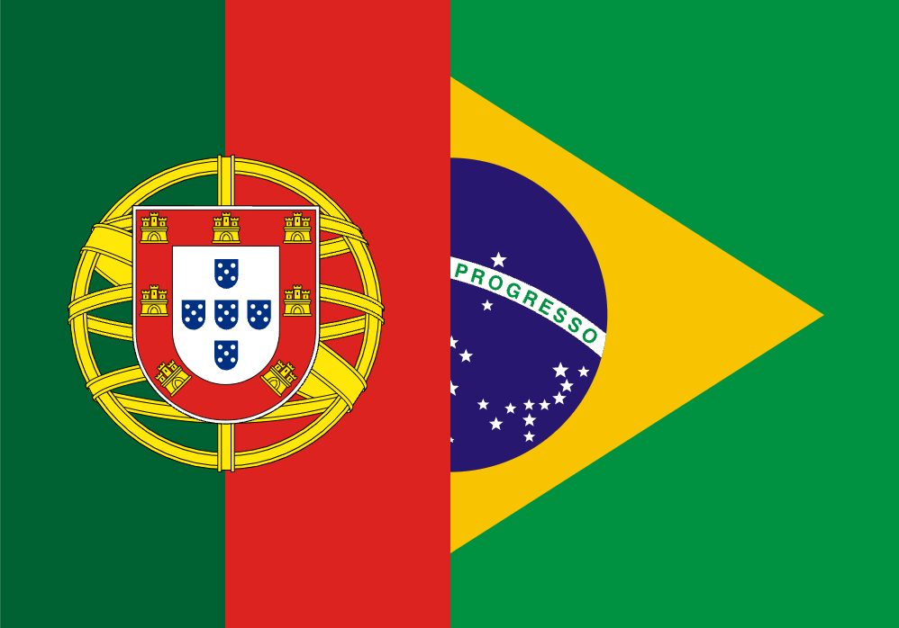 Uma ilustração que une metade da bandeira de Portugal, à esquerda, e metade da bandeira do Brasil, à direita