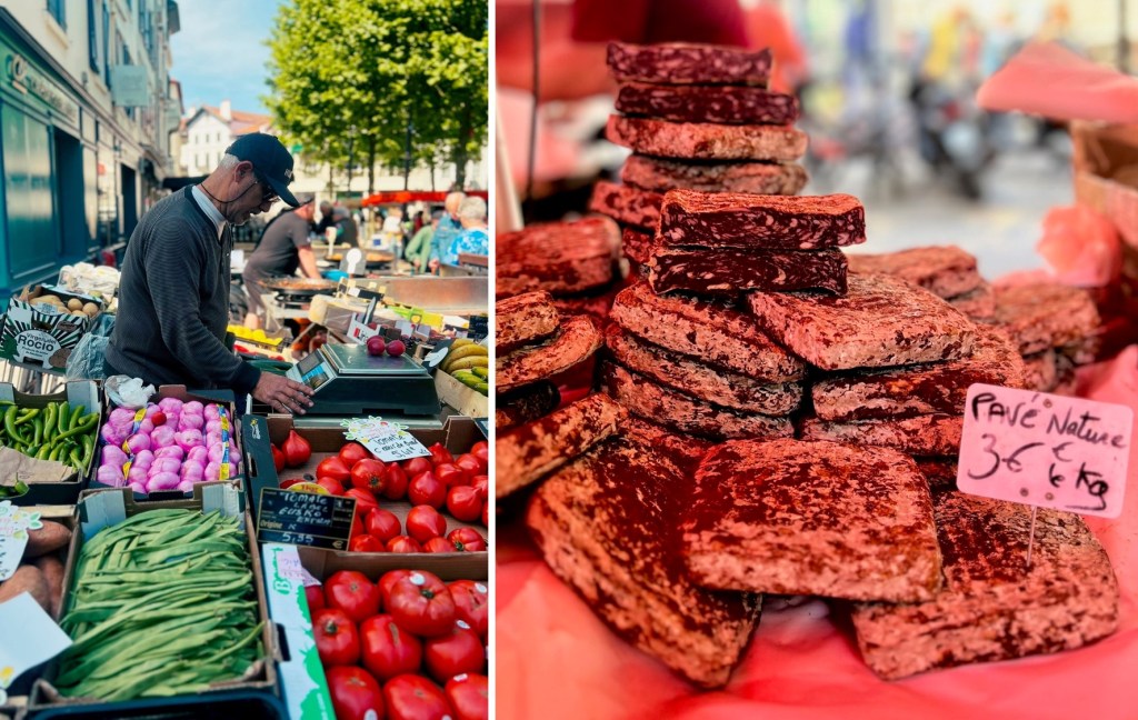 Em Les Halles, verduras (à esquerda) e pavé nature (à direita), espécie de salame quadrado