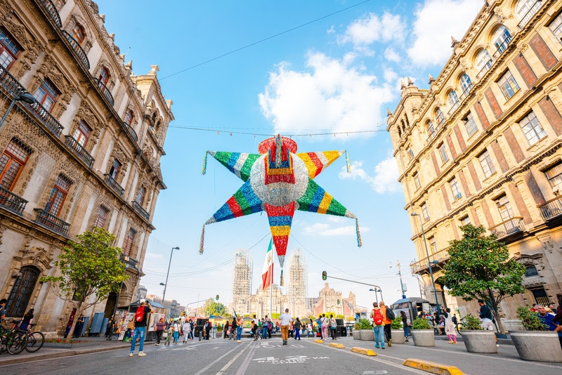 Mexico City, Mexico; December 13, 2022: main decoration for christmas, giant piñata entrance to the zocalo.