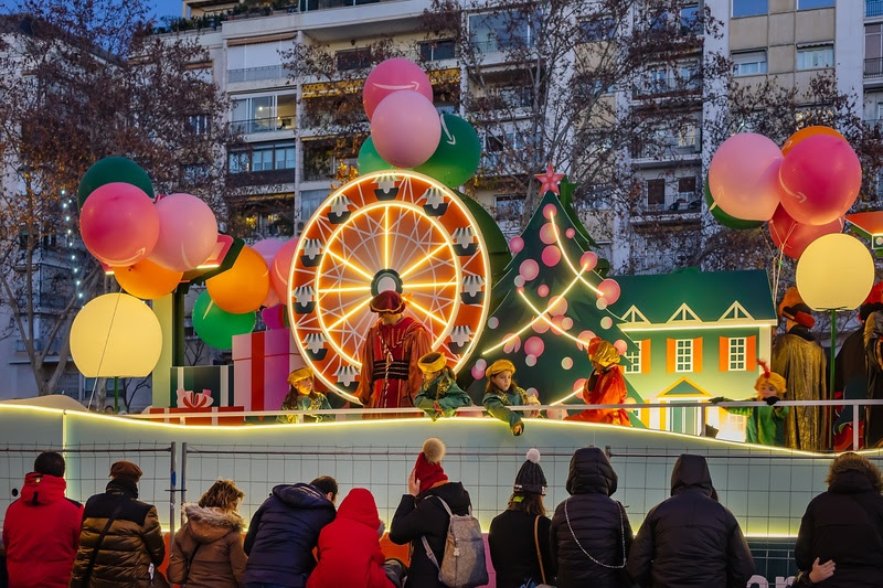 Madrid, Spain - January 5, 2024: Three Kings Parade (Cabalgata) a special celebration in which the Three Kings of the East - Melchior, Gaspard and Balthasar, marched through the city center.